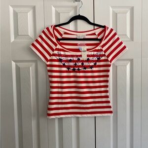 🍀NWT! Maeve Red and White Striped Tee with Embellishments